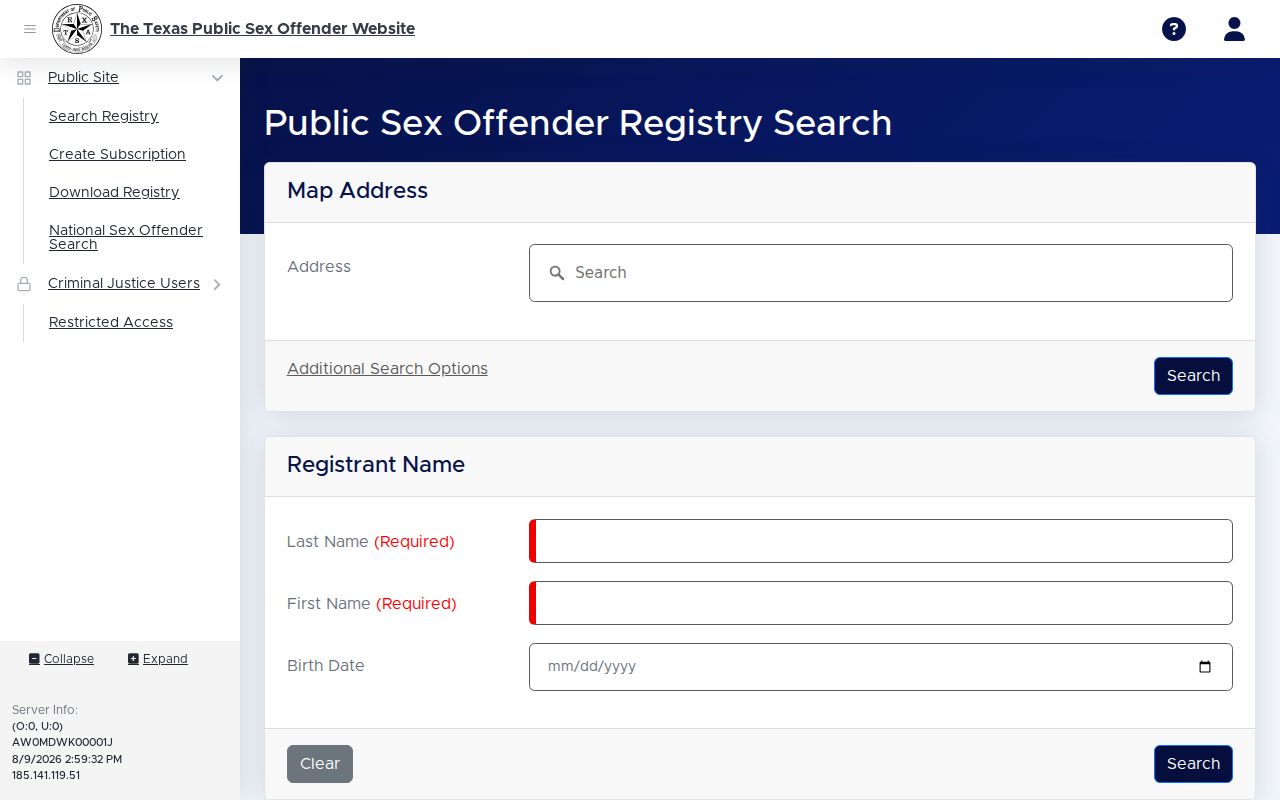 Texas DPS sex offender registry results interface for Montague County searches