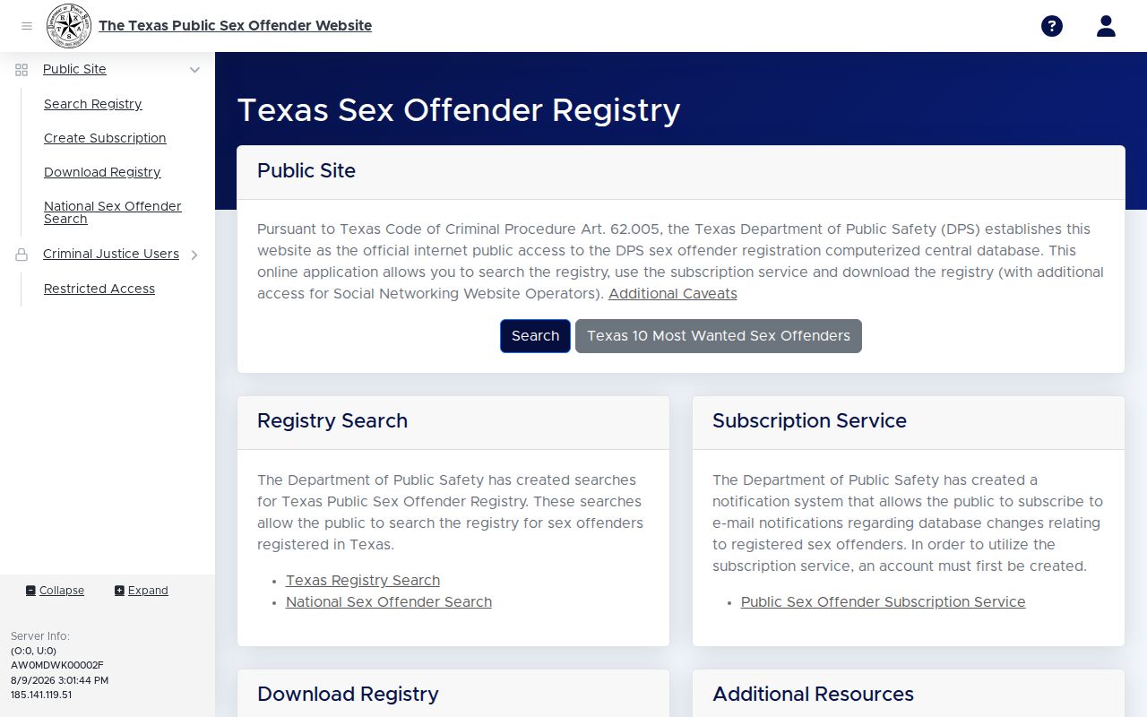 Texas DPS Public Sex Offender Registry search page used for Montague County lookups